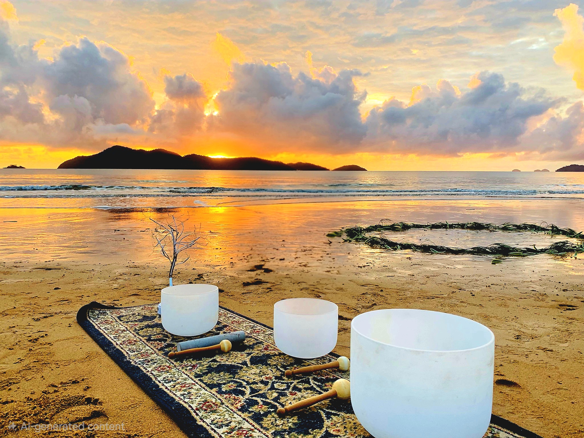Singing bowls on the beach at sunset
